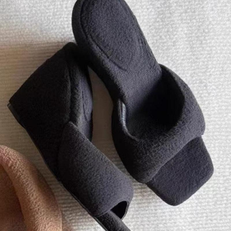 

Fashion Plush Fleece Open Toe Flip Slippers for Women 2026 Casual Square Toe Wedge Heel Cotton Slippers 35 чёрный