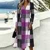Women's Plaid Print Casual Long Sleeve V-Neck Dress with Pockets for Everyday Wear