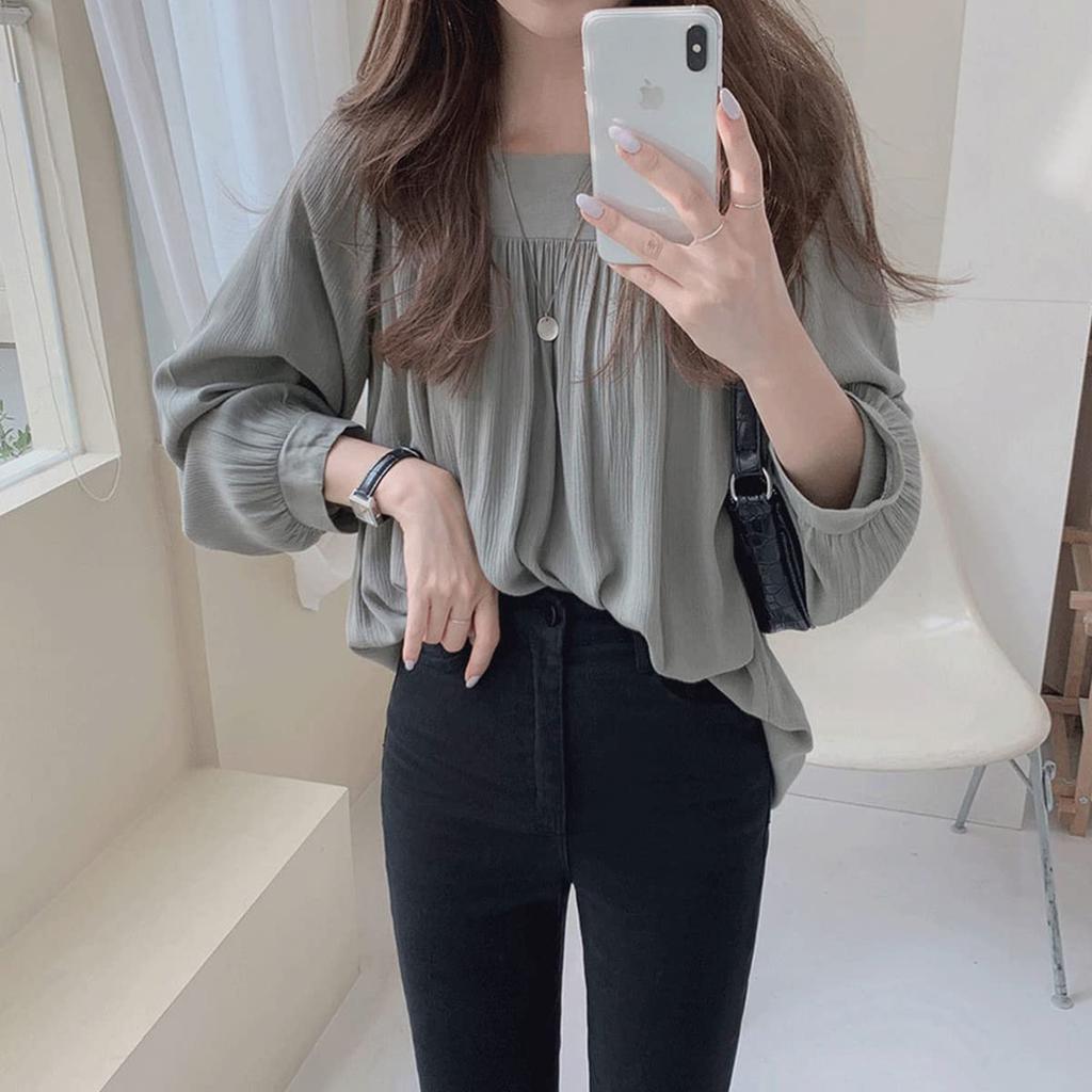 [SYitong] Flowy Chiffon Long-Sleeve Shirt Top for Women, Lightweight, Korean Style, Cute, Spring/Autumn, Square Neck, Office, Commuting, School, Casua
