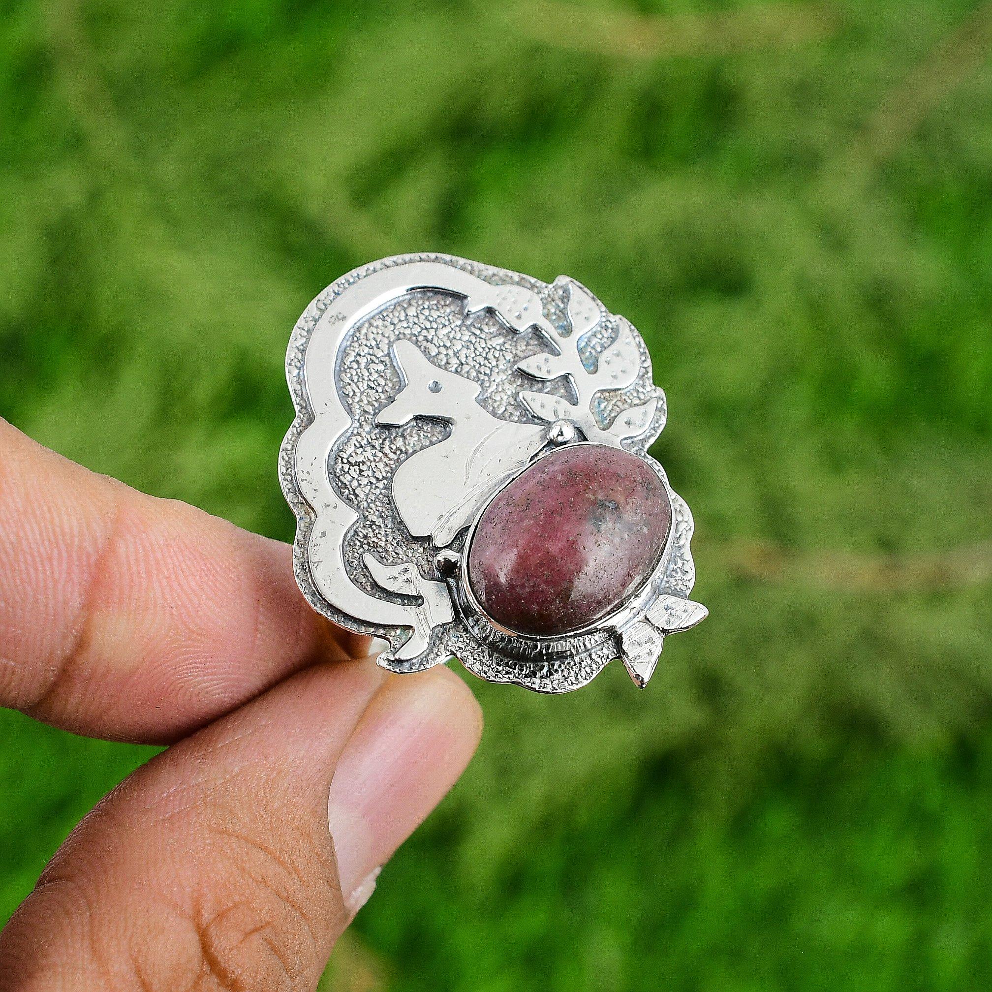 

Mothers day Deal 925 Silver Rhodonite Gemstone Anniversary Bezel Statement Ring Adjustable