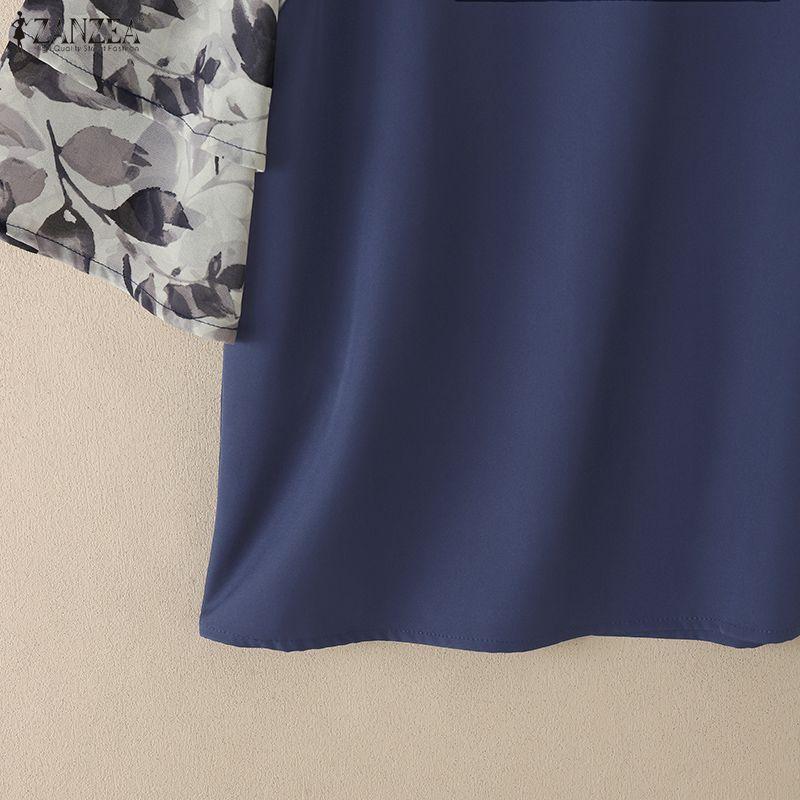 ZANZEA Damen Lässige Rundhals 3/4 Ärmel Locker Patchwork Bluse