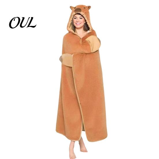Lightweight Velvet Gown Animal Wearable Blanket Hoodie for Women, Oversized Flannel Sweatshirt Soft Loungewear Blanket, Button-Up Cosplay Cape