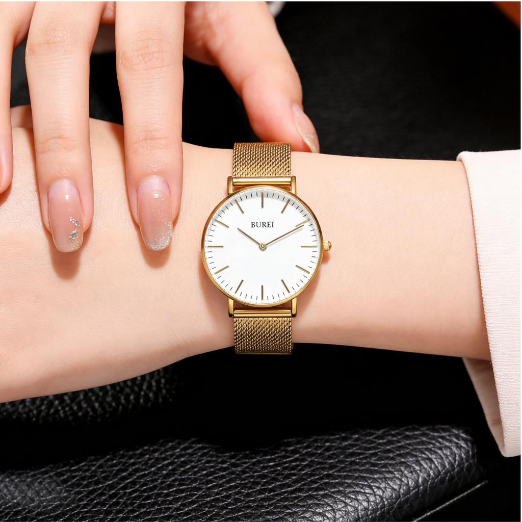 BUREI Women's Watch Analog Quartz Waterproof Mesh Band Stylish Brand Casual Popular Commute School Thin Lightweight Female Wristwatch (Gold, Gold,