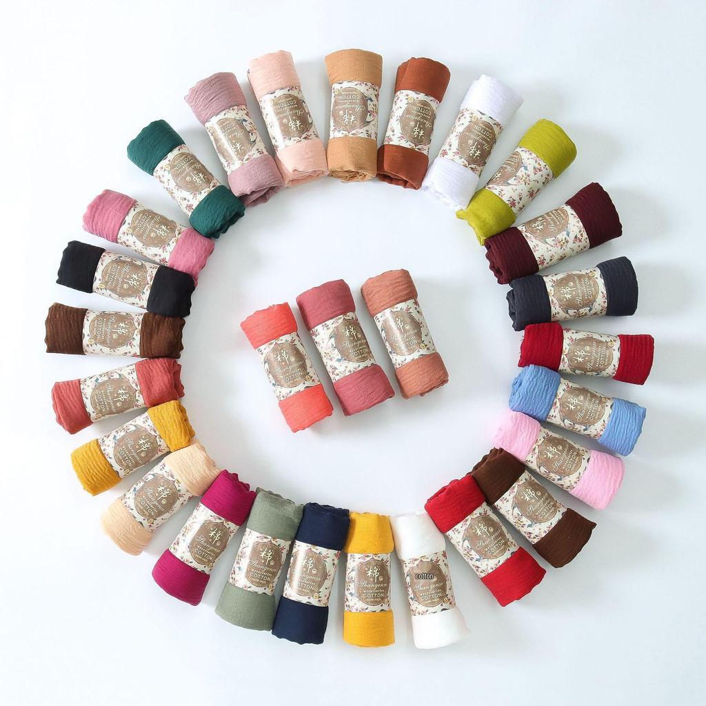 Crinkled Cotton-Linen Blend Scarf with Fringe - Solid Color, 90x180cm, Women's Headscarf