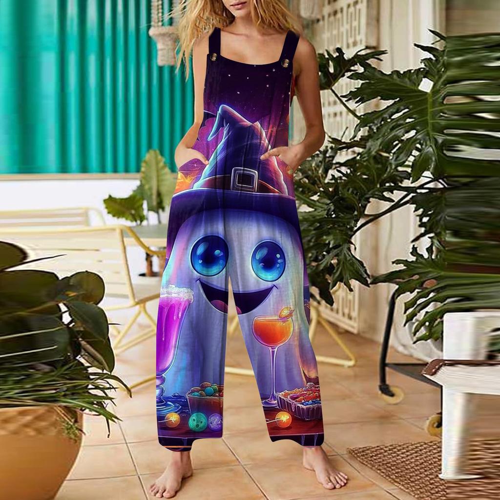 Women's Casual Halloween Printed Jumpsuit Sleeveless Printed Cotton Jumpsuit