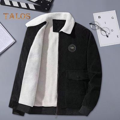 Herrenjacke mit Revers, langen Ärmeln, Plüschfutter, Mantel mit Klappentaschen, durchgehendem Reißverschluss, einfarbig, verdickte warme Cord-Oberbekleidung