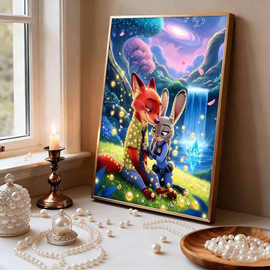 Disney Zoo Tycoon Starry Waterfall Decor with Judy and Nick the Fox Pearl Accents 5D Pearl Puzzle Embroidery Home Decor Handmade Gift