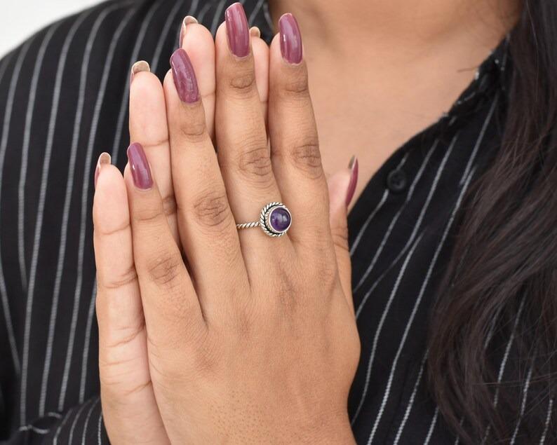 Solid 925 Sterling Silver Amethyst Round gemstone Stacking Women Ring Gift For Her Boho jewelry