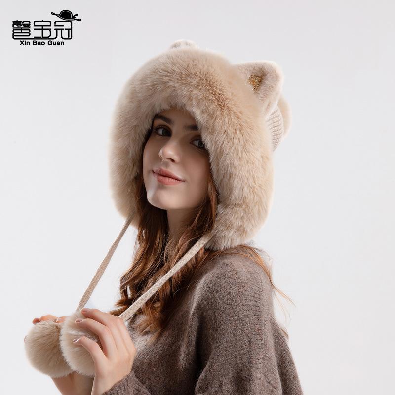 Damen Niedliche Winter Strickmütze mit Cartoon Katzenohren und Bommeln Verdicken Warmes Fleecegefüttertes Ohrschützendes Hut für Frauen