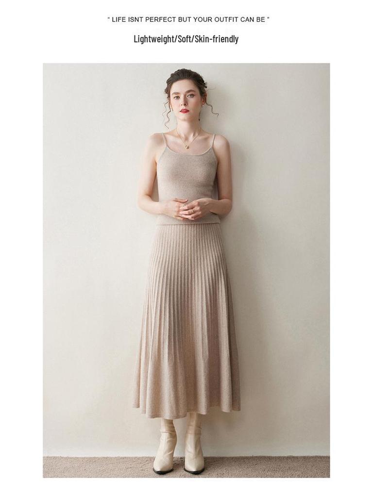 2025 Autumn/Winter Women's High-Waisted Knitted Cashmere A-Line Skirt with Slimming Flared Pleats