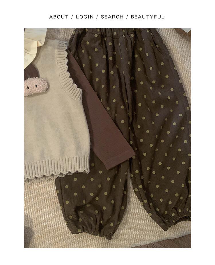 2025 Autumn Girls' Korean Long-Sleeve Knit Vest & Polka Dot Pants Set