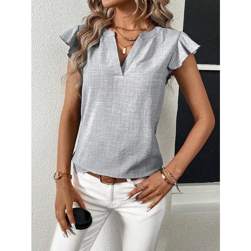 YYFS Blusas y camisas con cuello en V de manga corta con estampado de Color sólido informal de moda para mujer