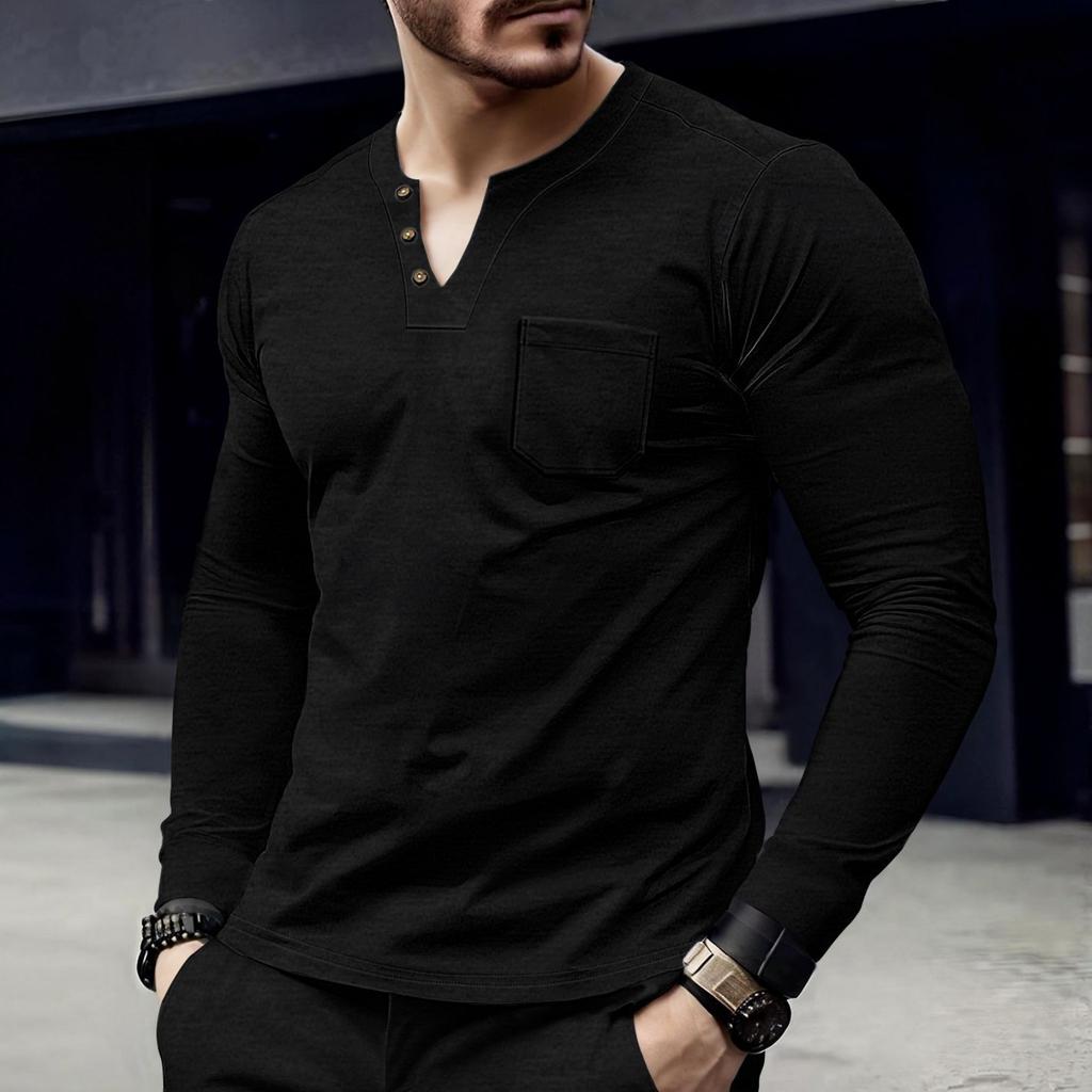 Men's Casual ,color Top, Men's Long,sleeved Button Pocket V,neck Top