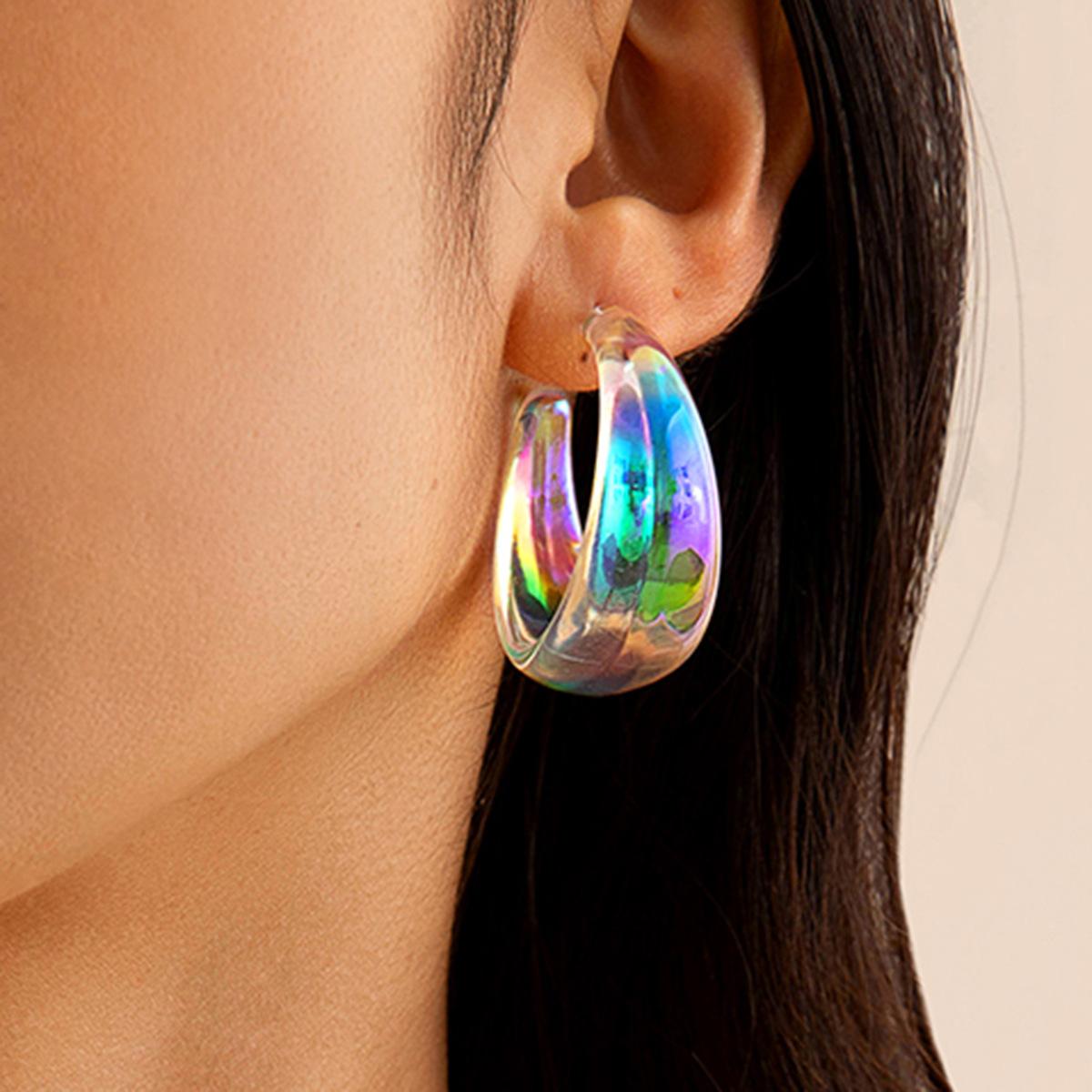 

AB Color Wide C-Type Drop Earrings for Women Korean Exquisite Acrylic Resin Transparent Colorful Geometric Zircon Girl Gift