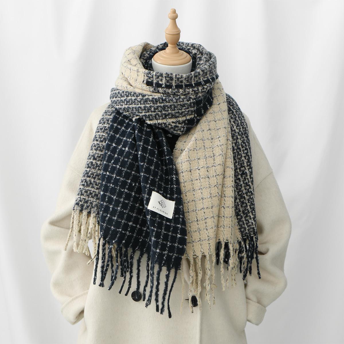 Корейский клетчатый шарф Зимний теплый плотный длинный с кисточками на плечи Шаль Двусторонний шарф Шарф-воротник для пары Большого размера Клетчатый шарф