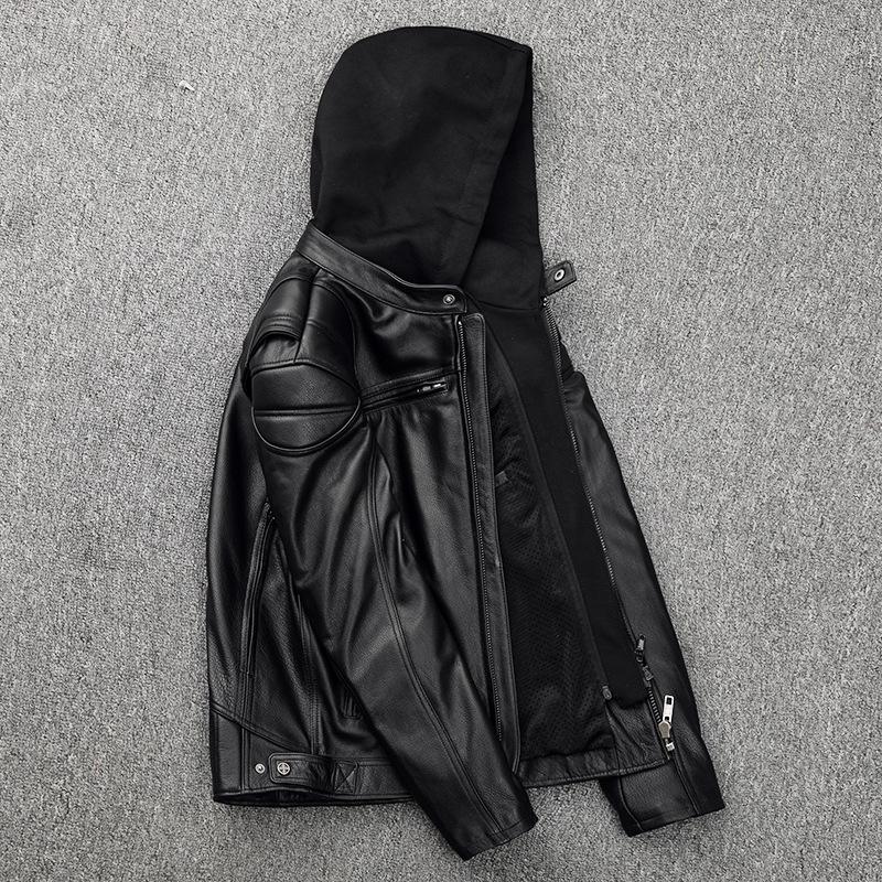 Men's First-layer Cowhide Leather Jacket with Removable Hood, Protective Gear and Pocket