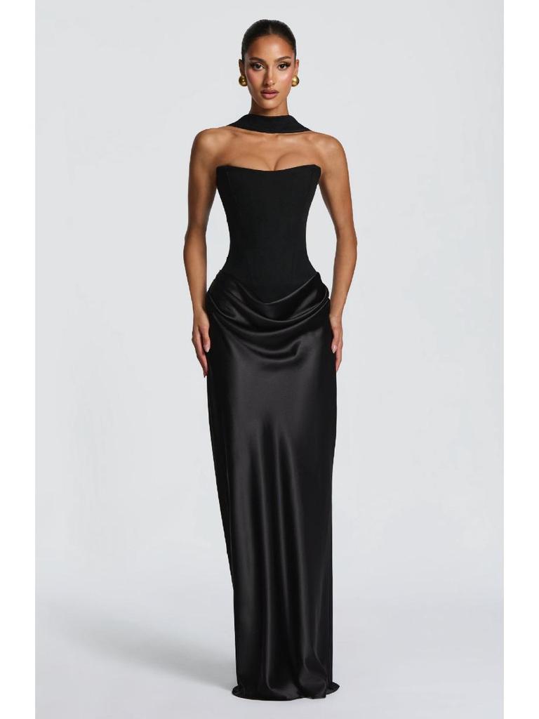 European Waist-Cinched Solid Color Strapless Satin Bodycon Dress with Lace-Up Ribbon
