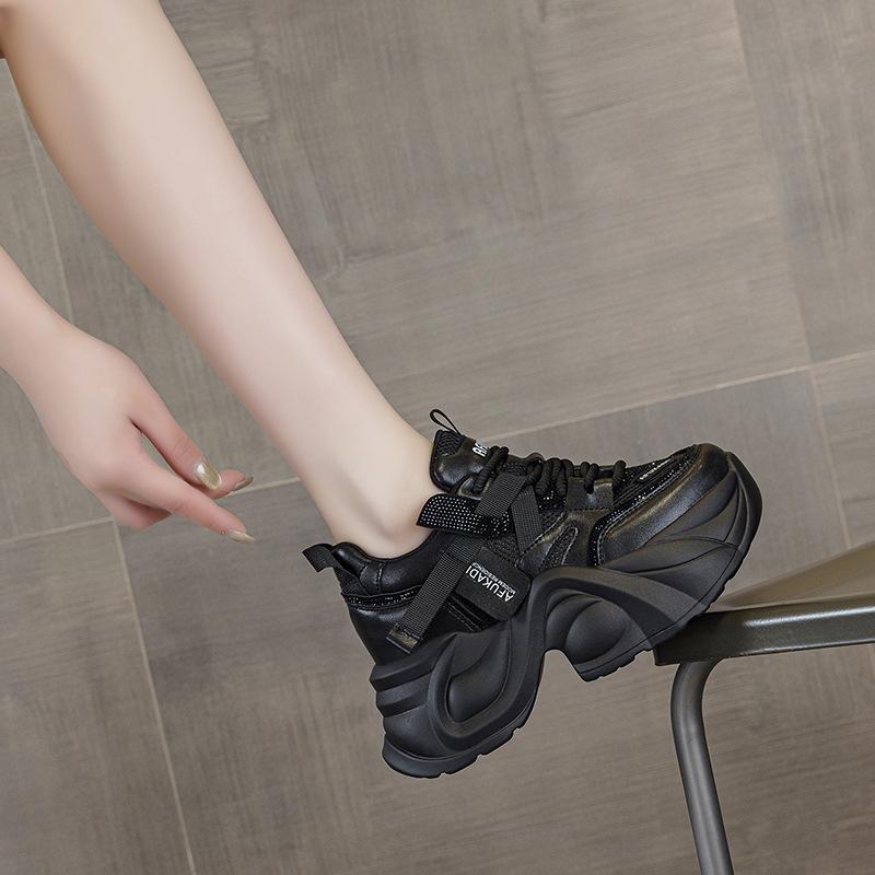 2025 summer new platform dad shoes women's rhinestone lace-up mesh shoes versatile heel high casual height increase and thin women's shoes