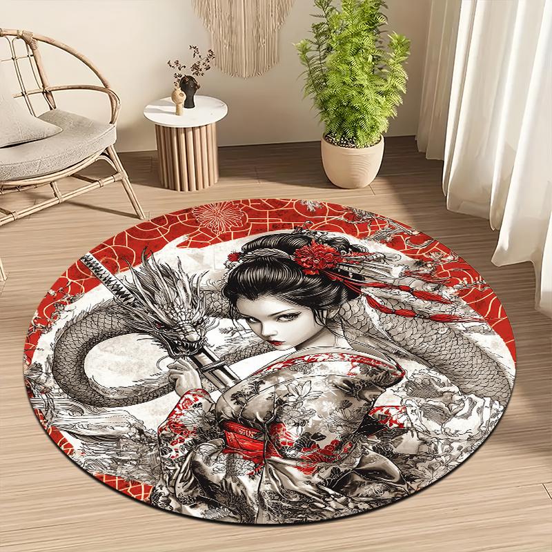 Geisha retro style Flannel-printed round floor mats are slip-resistant Suitable for living room bedroom terrace garden carpets