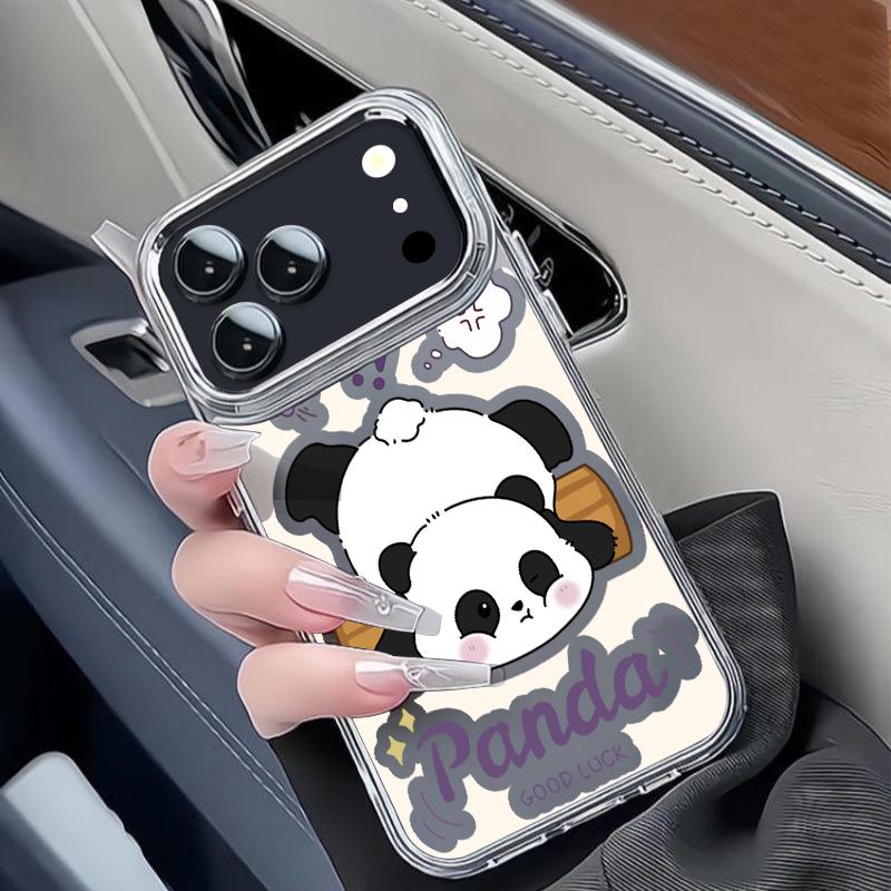 Cute Panda Print Case For iPhone 17 18 Pro Max 17E iPhone 16 15 14 13 Pro Max Plating Lens Frame Clear Soft Cover