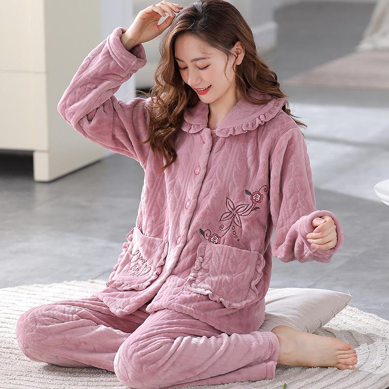 Women's Plus Size Thick Coral Fleece Pajamas - Warm Flannel Homewear for Autumn and Winter