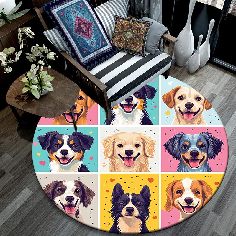Happy Dog Round Area Rug,Carpet Rug for Living Room Bedroom Sofa Playroom Decor,Non-slip Floor Mat