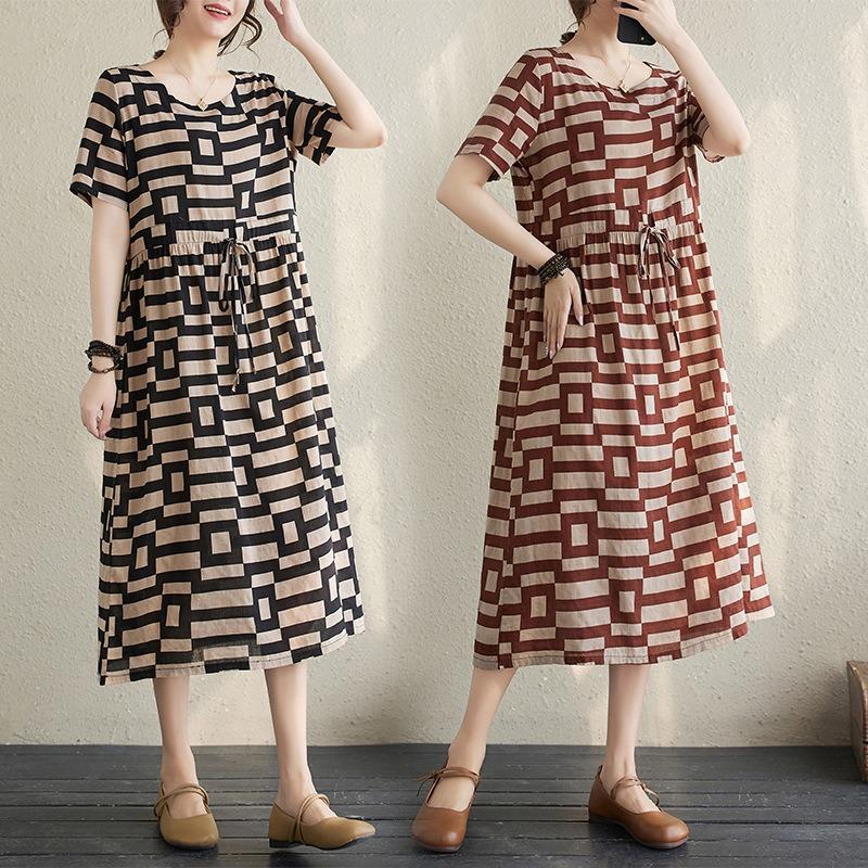 Real Shot Summer New Cotton and Linen Literary and Retro Ethnic Style Waist Thin Short-sleeved Dress Women