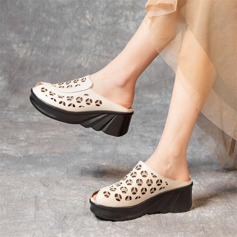 

Fashion GKTINOO 2025 Fashion Cut-outs Women Shoes Slippers Summer Peep Toe Wedge Sandals Genuine Leather Lady Slides Shoes Woman 250