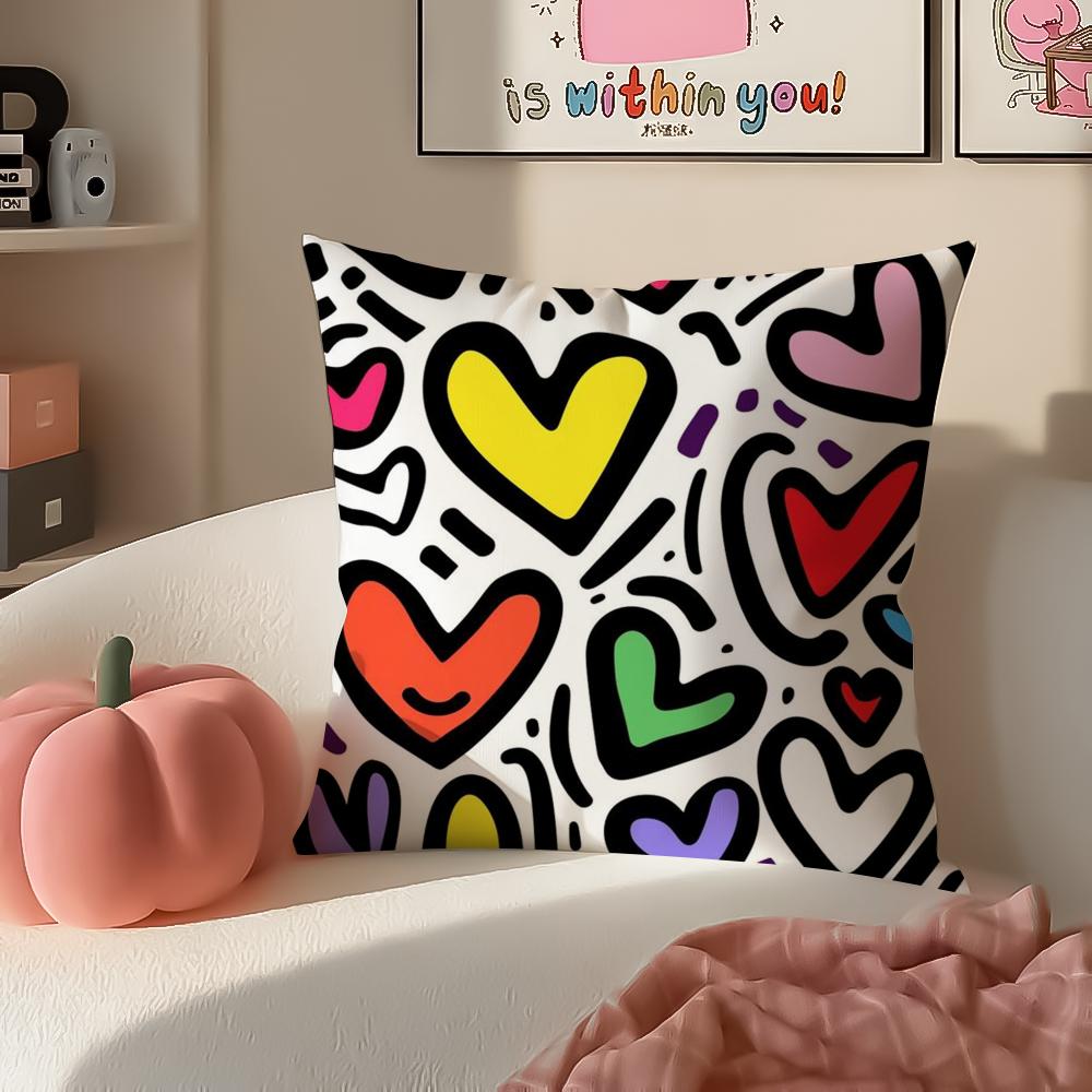 Sweet Graphic Element Lovely Heart Cushion Cover Pillowcase Short Plush Invisible Zipper Room Sofa Cushion Cover