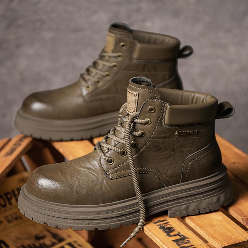2024 Trend Mens Leather Boots High Quality Casual Mens Ankle Boots Lace-up Business Outdoor Non-Slip Thick Sole Mens Boots