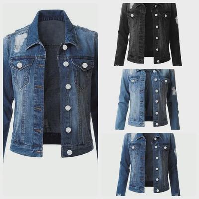 Women's European & American Slim Denim Jacket with Trendy Distressed Design