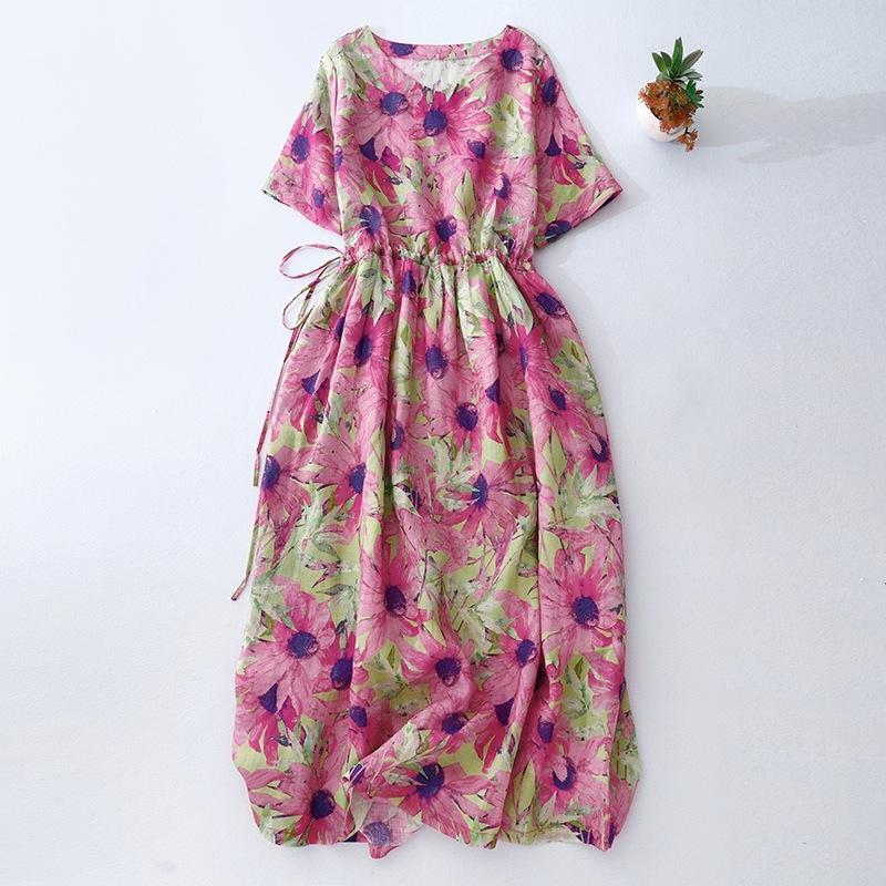 2025 Summer New Printed Cotton and Linen Dress Women's Loose Lace-up Waist Round Neck Short Sleeve Medium and Long A-word Skirt