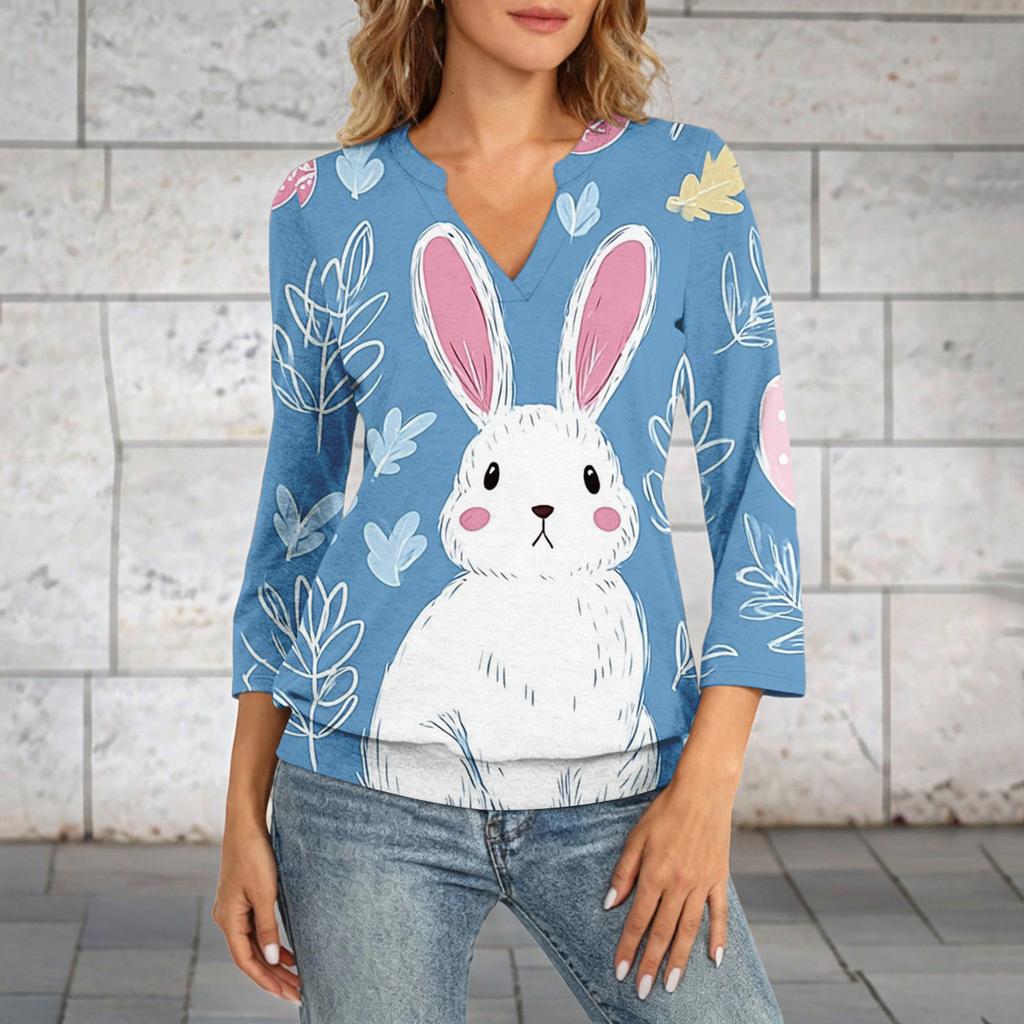 Damen 3/4 Ärmel Oberteil Saum V-Ausschnitt Sommer Freizeit T-Shirt Ostern Bedrucktes Oberteil