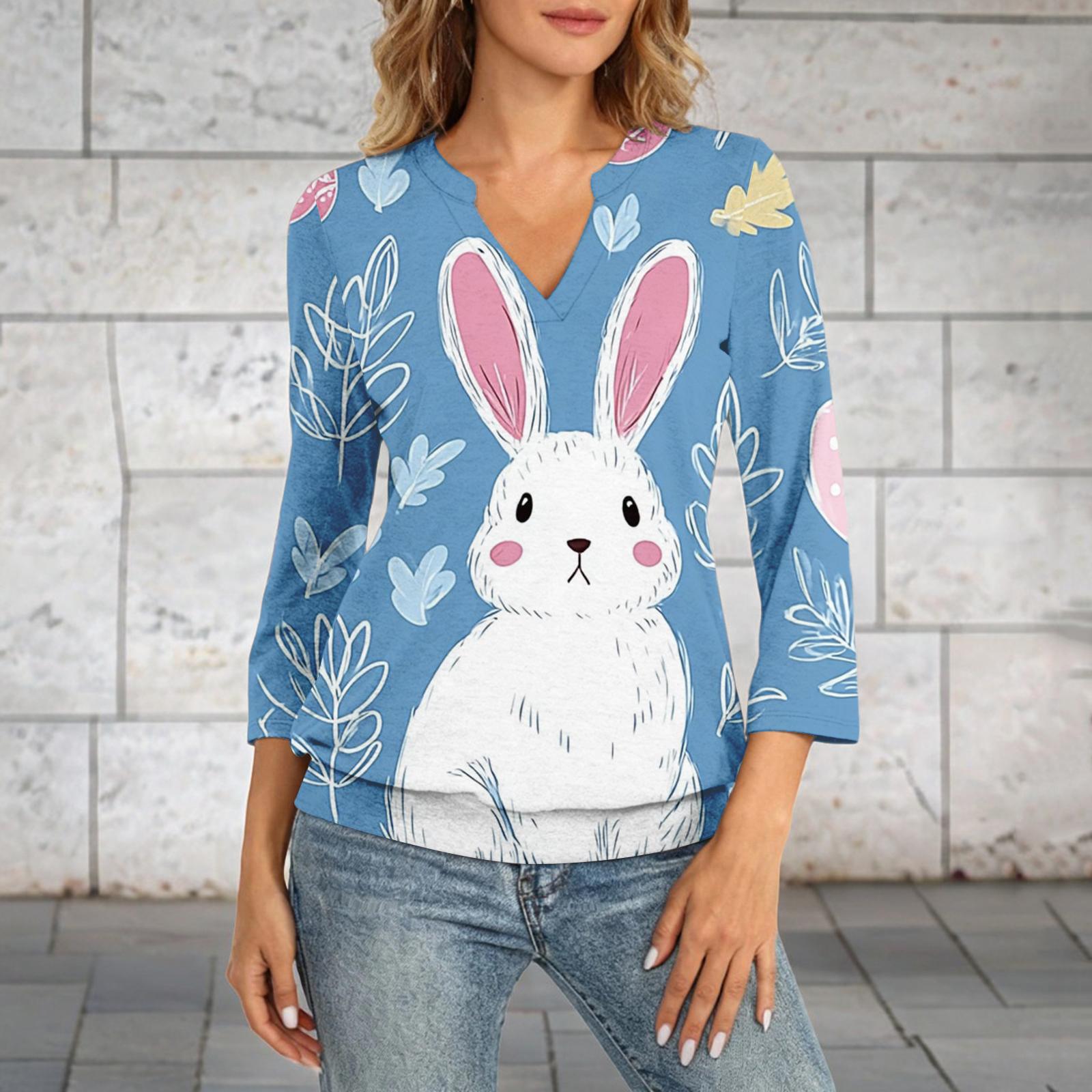 

Women s 3/4 Sleeve Top Neck Hem V-Neck Summer Casual -Shirt Easter Printed Top XL небо синє кольору