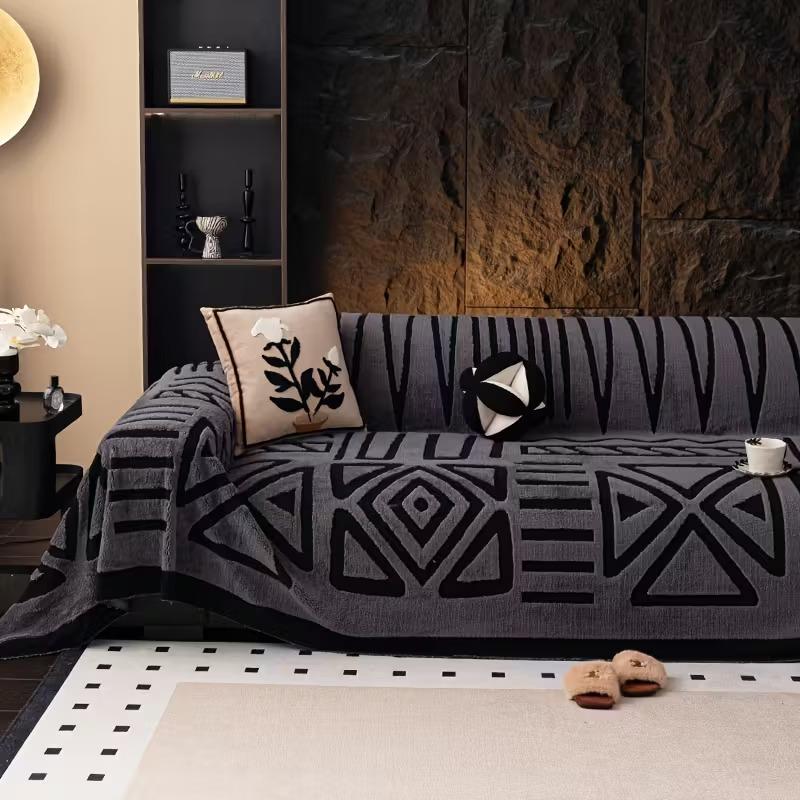 1pc Plush Sofa Cover - Modern Black & White Geometric Pattern,it for 1/2/3/4-Seater & Sectional Sofas - Luxury Living Room Decor
