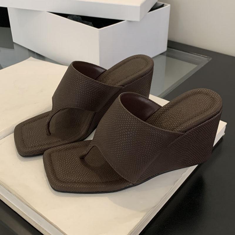 Street Style Square Clip Toe Wedges High Heels Women Slippers Fashion Elegant Banquet Slide Summer Shoes