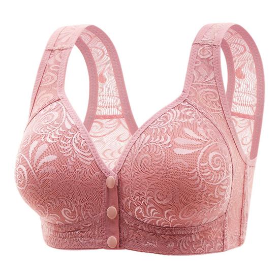 

Бюстгальтер для женщин среднего возраста, эластичный, с широкими бретелями, с ажурным кружевом спереди, с застежкой на пуговицы, беспроводной, хороший 38C розовый