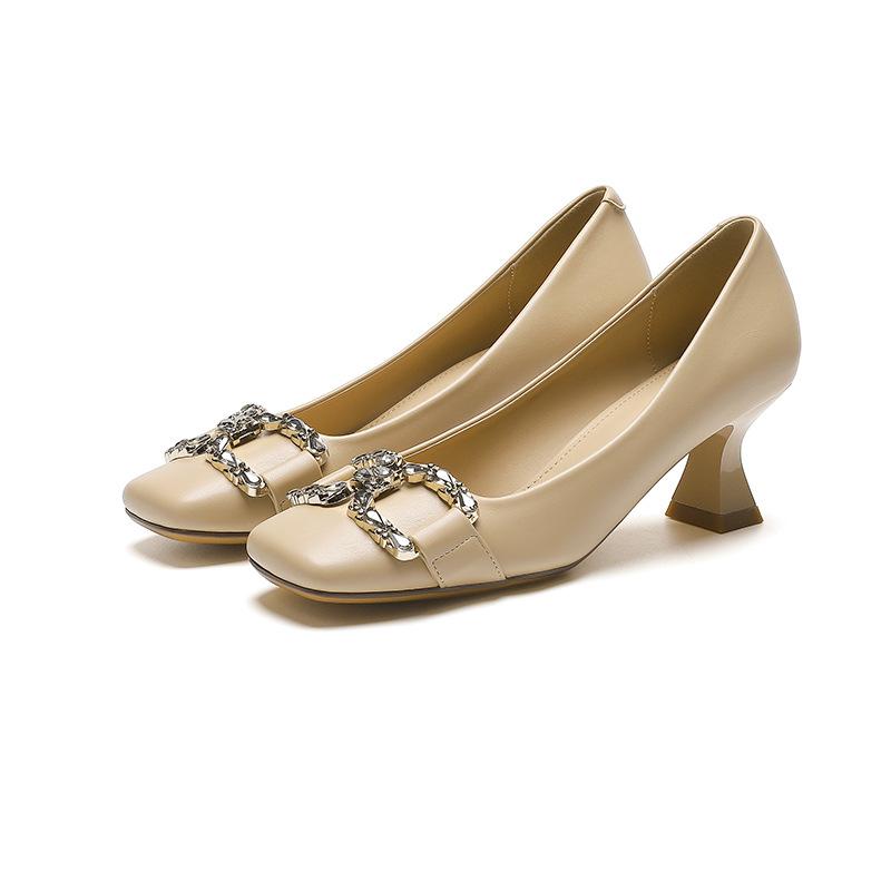 8-3 Square Head Thin Heel Single Shoes Spring and Autumn New Comfortable Metal Buckle Fashion High Heels Women