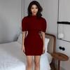 2025 European & American Style Slim Fit Solid Color Tie Waist Pleat Shoulder Dress