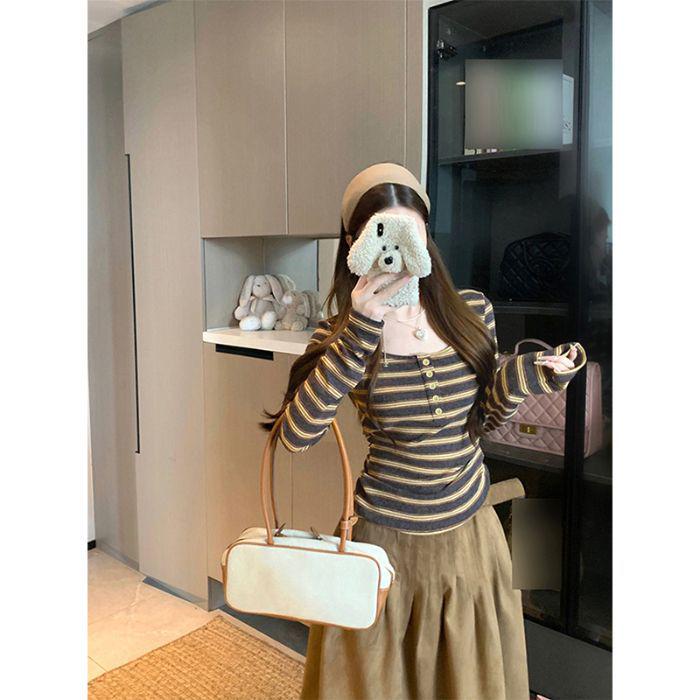 

Petite Retro Chic Spicy Stripe Long-Sleeve T-Shirt for Women – Autumn/Winter Base Layer Small