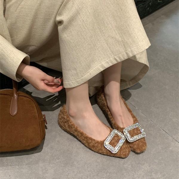 2025 autumn and winter new gentle rhinestone square head velvet bean single shoes fashion fluffy shoes wear cotton ladyshoes