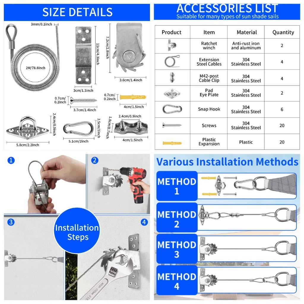 Shade Sail Wire Rope Kit 4/47/60/72Pcs Stainless Steel Hardware Kit Heavy Duty Anti-Rust Shelter Hardware Kit Set Tent Accessori