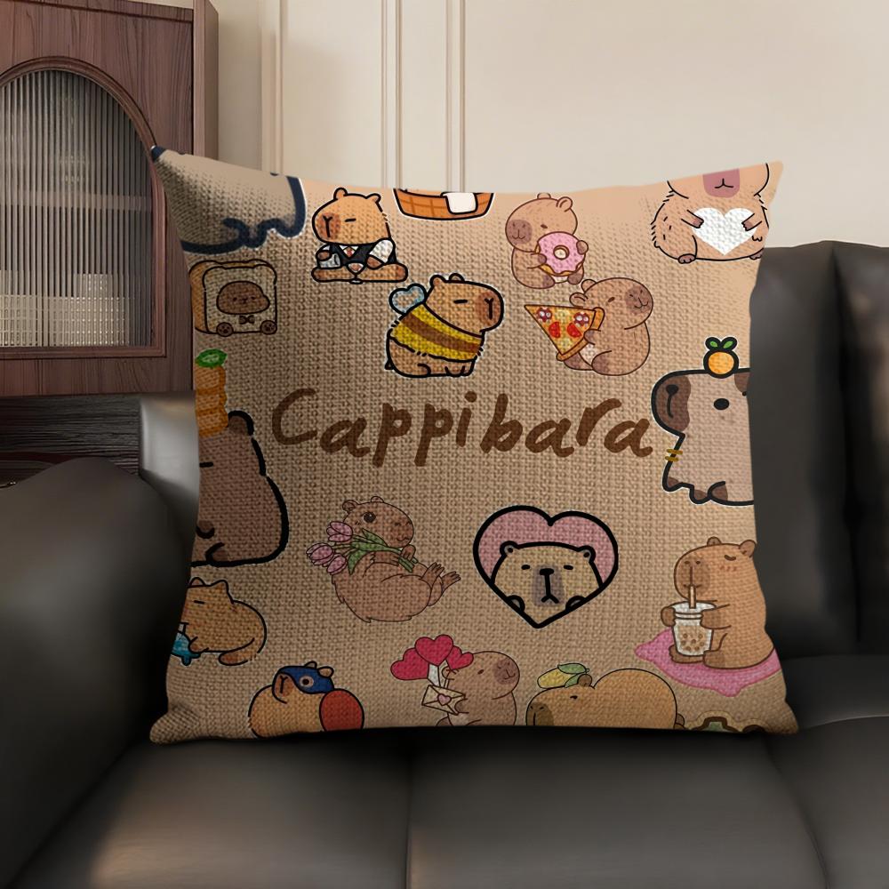 Capybara Cartoon Cute Cushion Cover Natural Linen Organic Fabric DoubleSided Printing Sofa Home Decor Gift Pillow Case