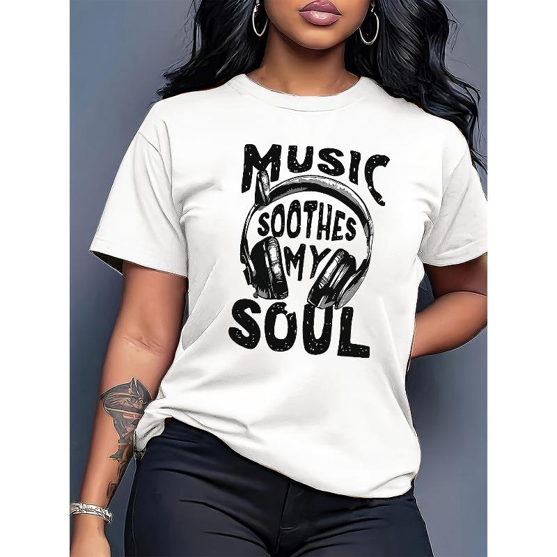 T-shirt Grafica da Donna "La Musica Calma la Mia Anima" - Design a Tema Musicale con Illustrazione di Cuffie - Poliestere - Girocollo, Manica Corta