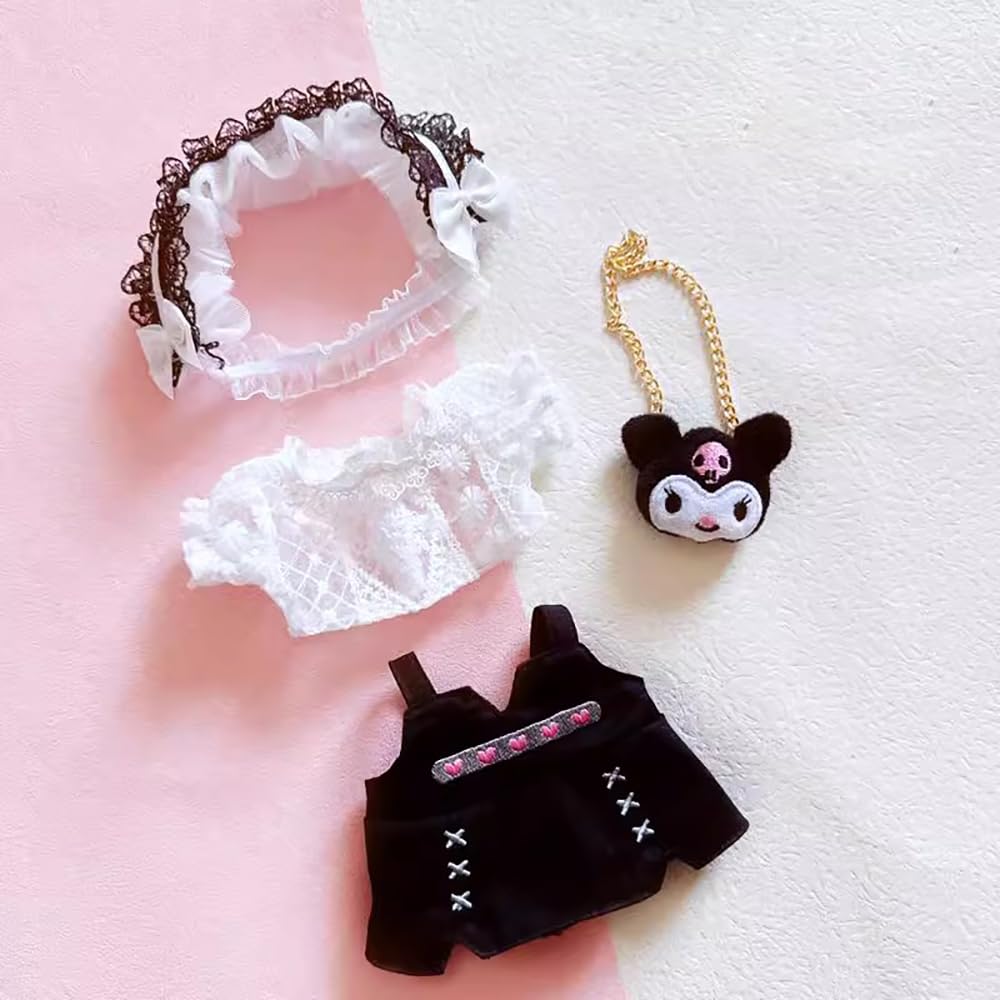 niannyyhouse 20cm Plush Toy Clothes Set: Headwear, Shirt (Black), Skirt, Backpack, Cotton Doll, Dress-up, Doll Accessories
