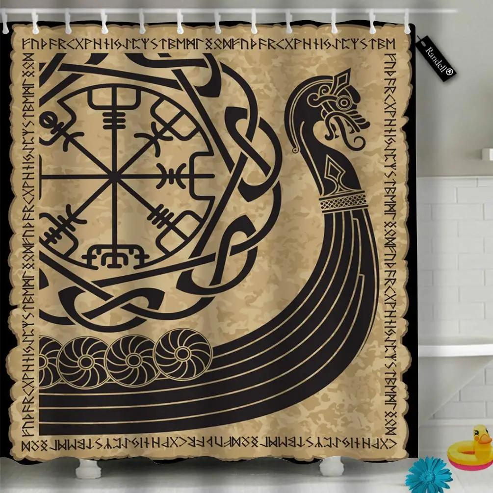 Happy Adults Toys Viking Shower Curtain Vintage Warship Of The Vikings Drakkar Ancient Scandinavian And Norse Runes Bathroom Decor Set Accessories