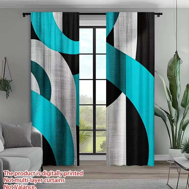 2pcs Modern Geometric Teal Black Pattern Curtains, Designed for Light Blocking, Premium Material, Suitable for Living Room, Bedr
