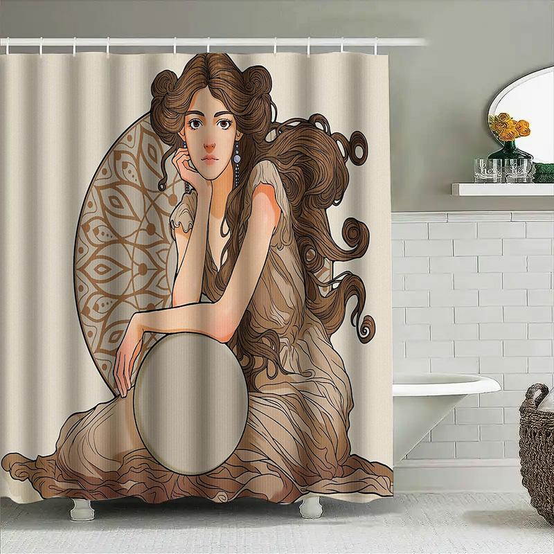Vintage Art Nouveau Girl Bathtub Shower Curtain Botanical Floral Patterned Bathroom Decor Washable Home Textile Home Decor