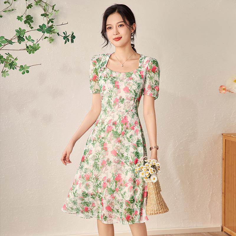 

Шифоновое платье с красочным принтом, подчеркивающее талию - Новый отпускной стиль Extra Large темно-зеленого