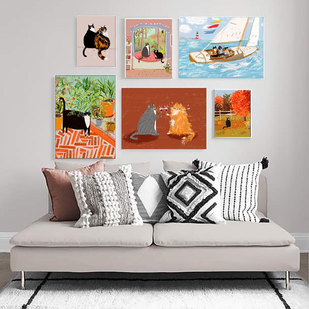 Funny Jungle Cat Poster Sailboat Western Cowboy Cats Canvas Painting Cat Lover Gift Wall Art Pictures for Living Room Home Decor